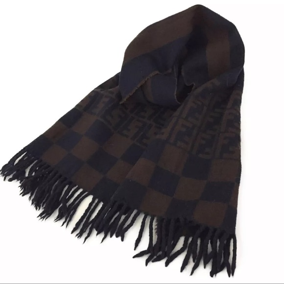 AUTH Fendi FF Brown 100% Wool Stole Scarf
